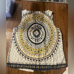 Renee C. Sleeveless Top with Yellow and Blue Mandala Pattern